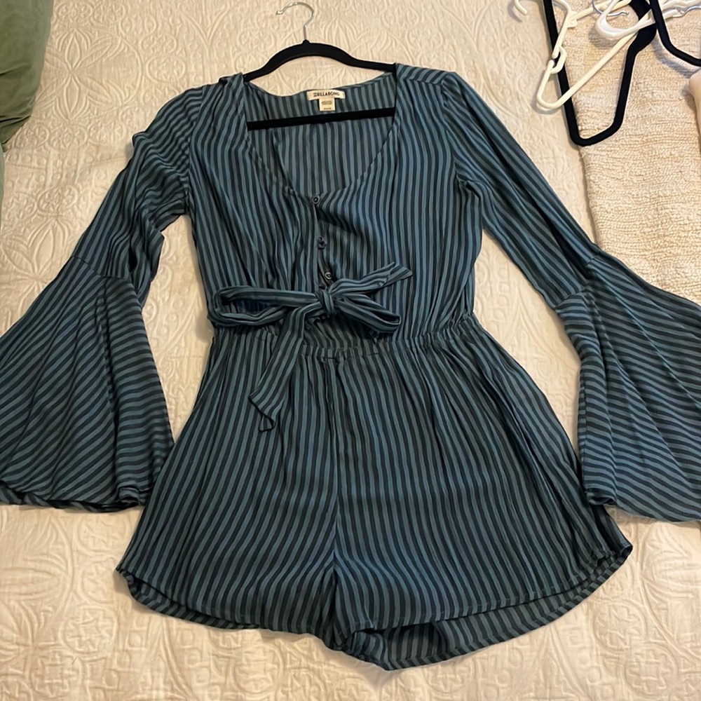 Billabong Teal and Black Striped Long-Sleeve Romper
